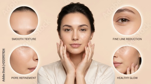Woman face with highlighted skin problem zones and closeup sections. Concept of dermatology diagnostics, skincare analysis, aesthetic medicine, and facial treatment design. Collage
