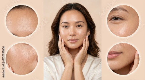 Woman face with highlighted skin problem zones and closeup sections. Concept of dermatology diagnostics, skincare analysis, aesthetic medicine, and facial treatment design. Collage