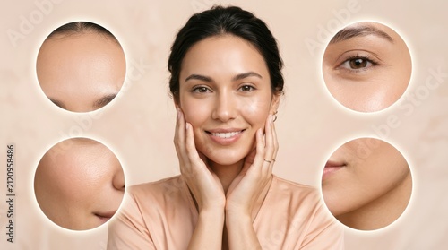 Woman face with highlighted skin problem zones and closeup sections. Concept of dermatology diagnostics, skincare analysis, aesthetic medicine, and facial treatment design. Collage