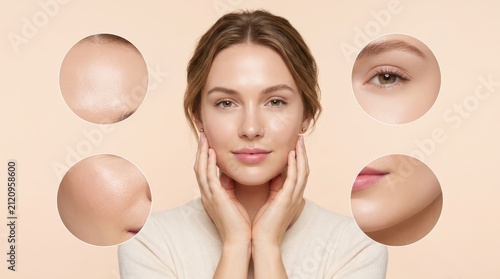 Woman face with highlighted skin problem zones and closeup sections. Concept of dermatology diagnostics, skincare analysis, aesthetic medicine, and facial treatment design. Collage