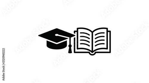 A black icon showing a graduation cap placed next to an open book