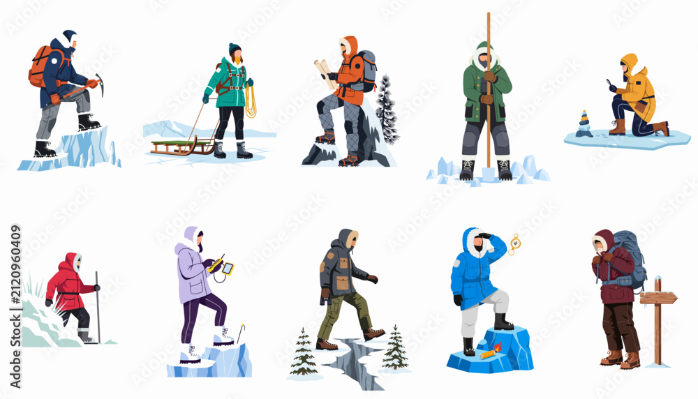 Fototapeta premium Flat Vector Collection of Polar Explorers and Researchers Engaged in Various Arctic Activities and Scientific Expeditions in Winter Gear