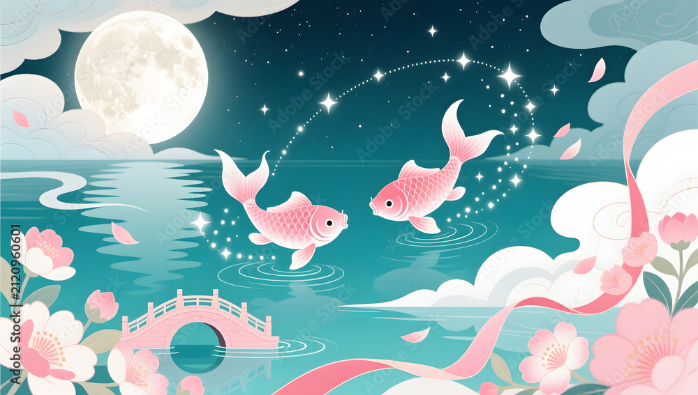 Naklejka premium qixi romantic festival illustration diagonal composition background
