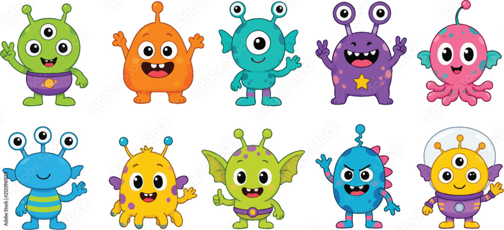 Fototapeta premium Funny alien characters set. Cute cartoon extraterrestrial monsters for kids design.