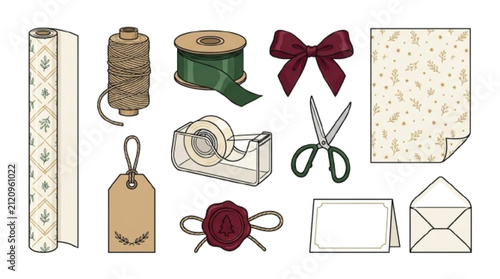 Premium vector collection of gift wrap roll, satin ribbon, bow knot, gift tag, twine spool, scissors, tape dispenser, wrapping paper sheet, wax seal, blank gift card, minimalist outline, isolated on w