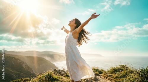 Free Happy Woman Enjoying Nature. Beauty Girl Outdoor. Freedom concept. Beauty Girl over Sky and Sun. Sunbeams. Enjoyment
