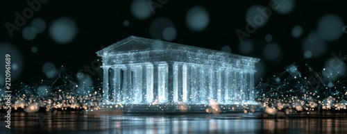 Classical architectural monument in light data illustration with glow  
