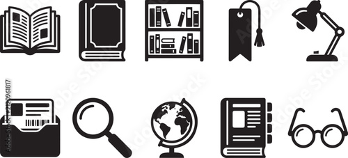 Fotografie Books and Library Study Accessories Icon Set, Black and White Vector Clipart