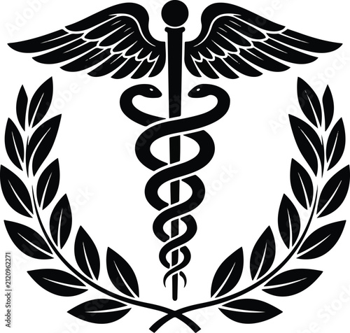 Classic Black and White Medical Caduceus Emblem with Laurel Wreath Silhouette Vector on White Background