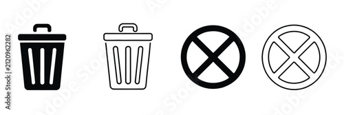 Fotografie Trash Can and Cross Mark Icon Set with Delete, Remove, Close, Cancel, and Bin Sy