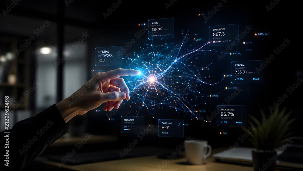 Fototapeta premium Close-up of a person interacting with a glowing digital neural network data interface screen