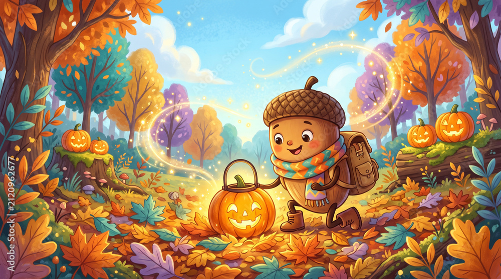 Fototapeta premium Whimsical vector illustration of a cute acorn character exploring an autumn forest at nightfall—featuring a smiling acorn with a backpack and striped scarf lighting a glowing jack-o'-lantern pumpkin l
