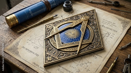 Foto Masonic square and compasses resting atop intricate architectural blueprints on