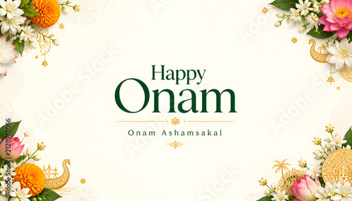 Onam celebration classic floral greeting with Onam Ashamsakal and Kerala festive design