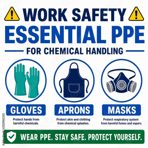 Work Safety Infographic for Chemical Handling and Essential PPE Icons