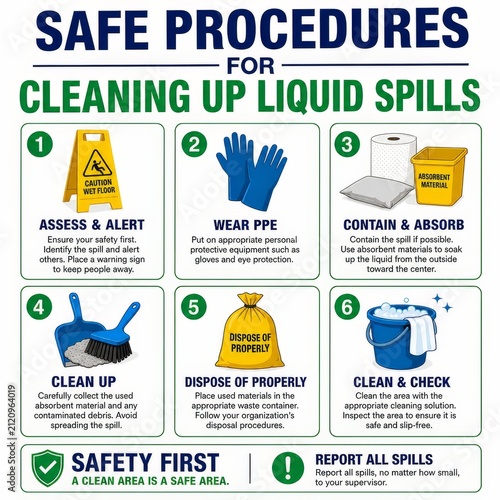 Safe Procedures for Cleaning Up Liquid Spills Workplace Safety Infographic
