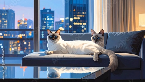Siamese cat lounging on modern sofa by city window.