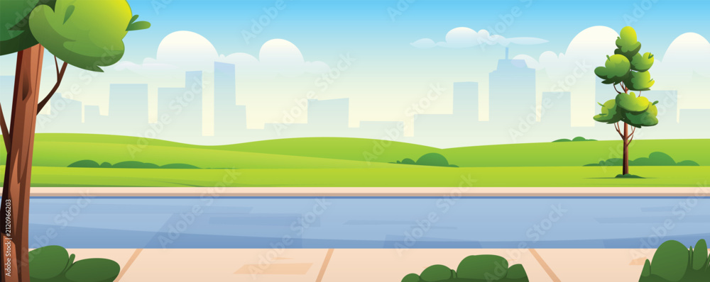Fototapeta premium Urban park street scene with road trees and city skyline. Vector cartoon illustration