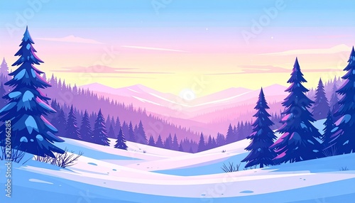 Sunset over snowy forest landscape with pine trees.