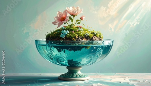 Delicate pink flowers in vintage blue glass bowl arrangement.