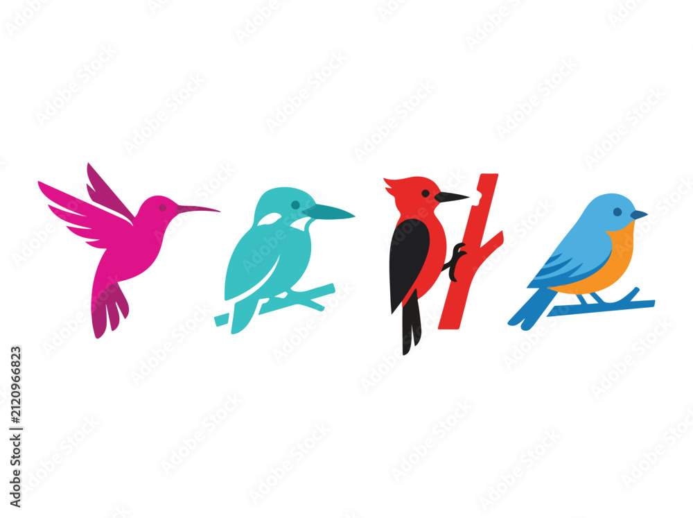 Fototapeta premium Colorful collection of four different bird illustrations showcasing vibrant feathers and unique poses on a plain
