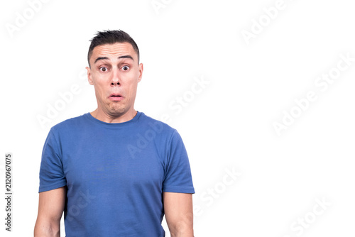 Photography Man standing with open eyes and unbelieving face