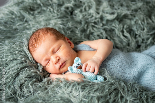 Newborn baby boy sleeping wrapped in a blue blanket on a soft green furry rug, holding a small knitted blue mouse toy, portraying innocence and early childhood dreams