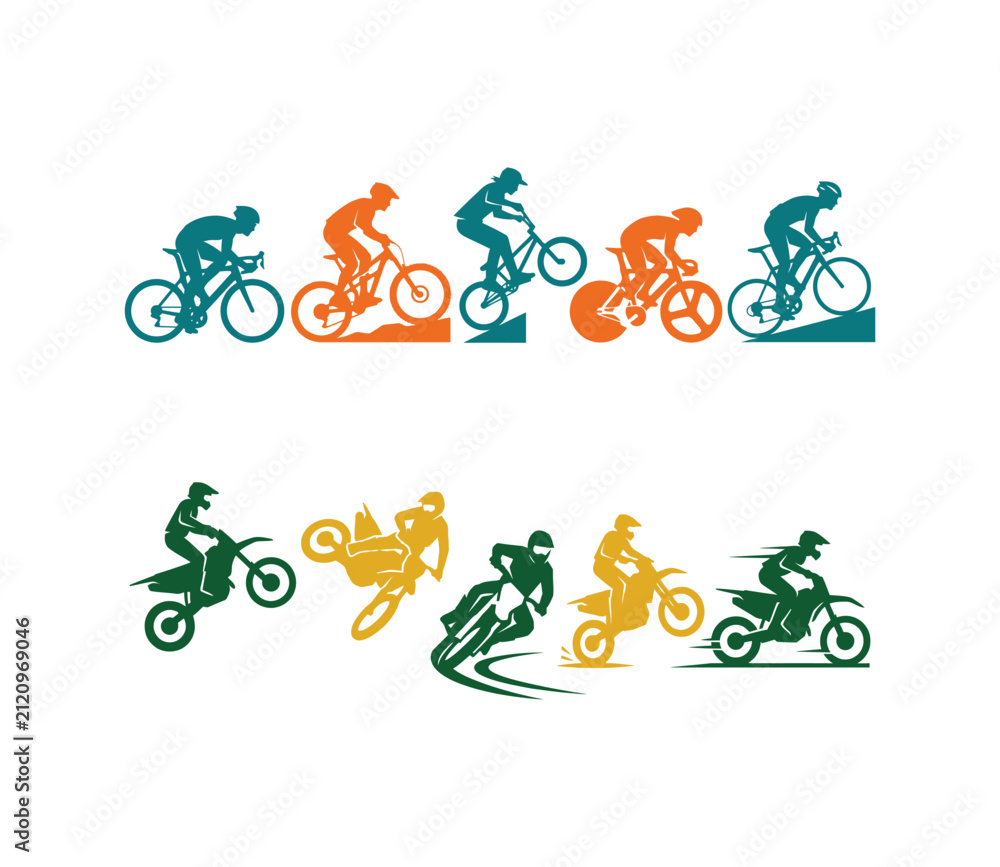 Fototapeta premium Bicycle and Motorcycle Extreme Sport Silhouettes Set