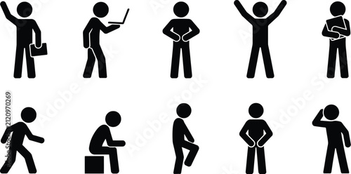 Set of ten black stick figure icons showing various human poses and daily activities on a white background