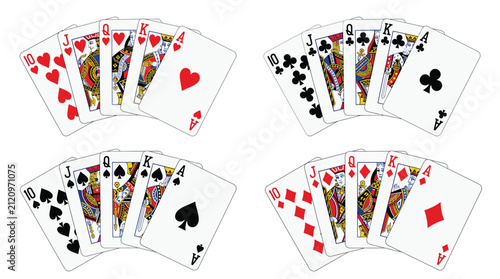 Royal flush poker hand vector illustration featuring hearts clubs spades and diamonds suits displayed in four distinct sets on a clean white background for gaming or gambling design projects today.