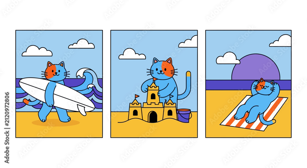 Fototapeta premium Cute Cartoon Cat Beach Vacation Vector Illustration Set