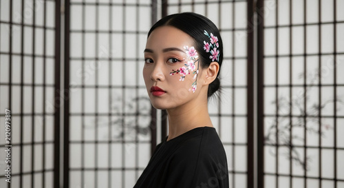 Asian Female Beauty with Floral Face Paint Art Close Up Portrait