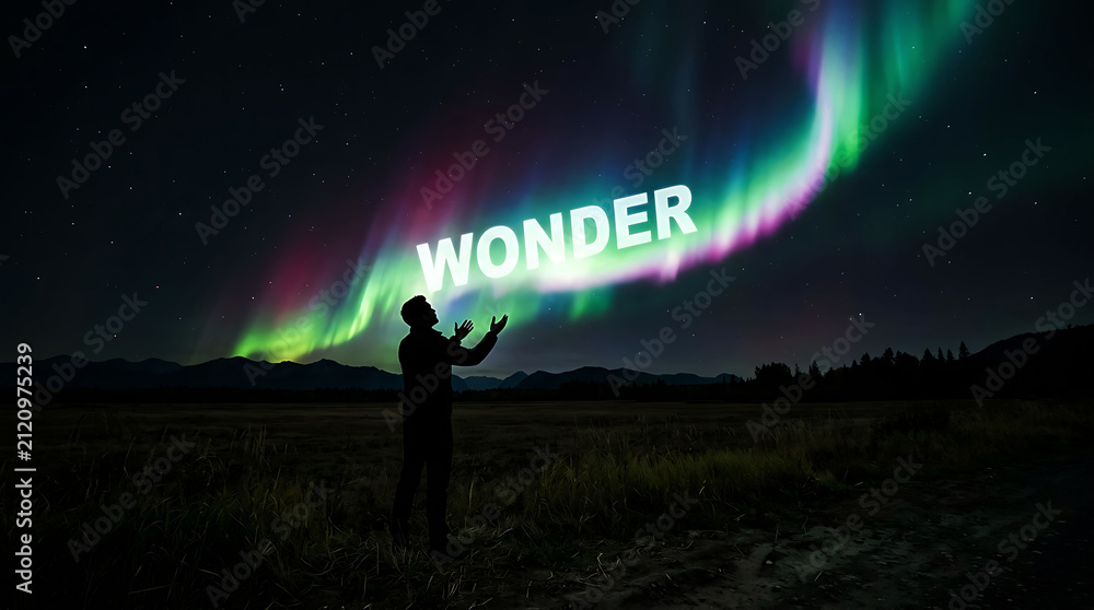 Fototapeta premium Silhouette of a man reaching for the word wonder under bright northern lights.
