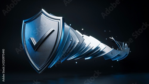 Flying security shield with check mark representing advanced cybersecurity protection