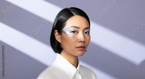 East Asian Female Beauty Fashion Model with Creative Silver Makeup
