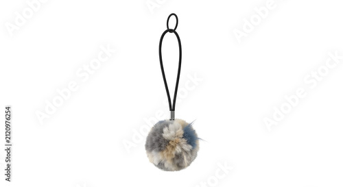 Fotografie Fluffy fur pom pom keychain and bag charm in grey, blue, and cream isolated on a
