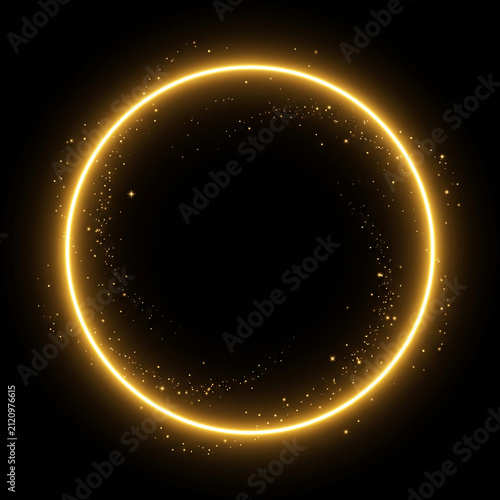 Glowing golden neon light circle ring with sparkling glitter particles isolated on black background, luxury frame concept