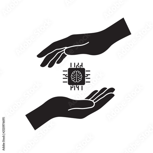 Minimalist black silhouette of two human hands facing each other one hand reaching down and the other reaching up