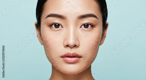 East Asian Beauty Model with Water Droplets on Face