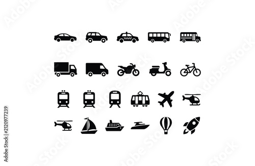 Transportation and Travel Icon Set Flat Black Silhouettes