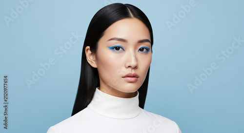 Asian Female Beauty Close Up Portrait with Blue Eye Makeup