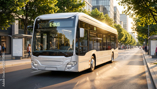 Modern White Electric Bus Driving on City Street at Sunset Sustainable Urban Transportation