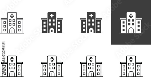 Hospital Building Icon Collection with Medical Clinic Healthcare Line and Solid Vector Set