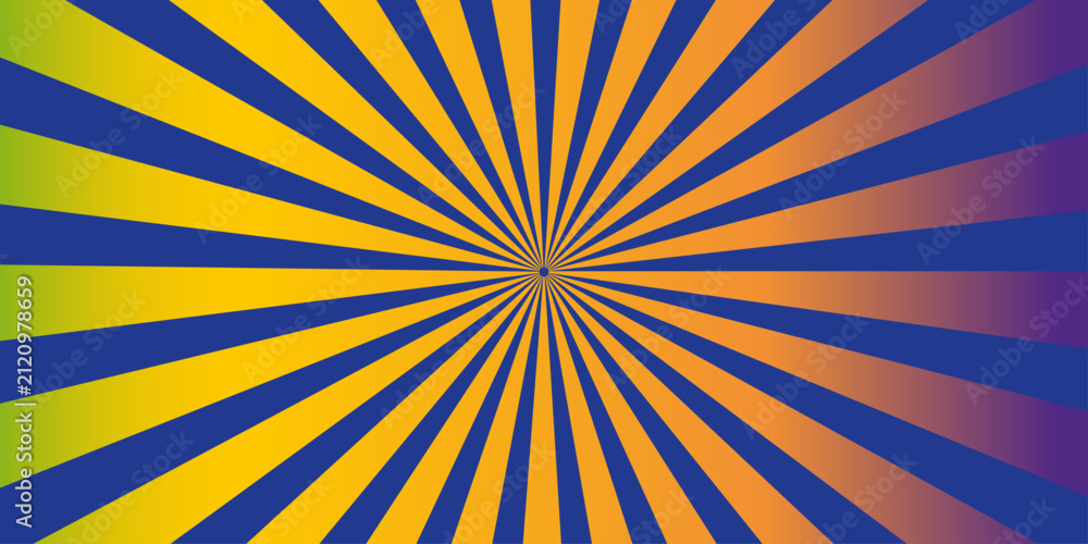 Obraz premium A vibrant radial burst of color emanates from a central point, creating an abstract background that shifts from green and yellow to orange and purple.