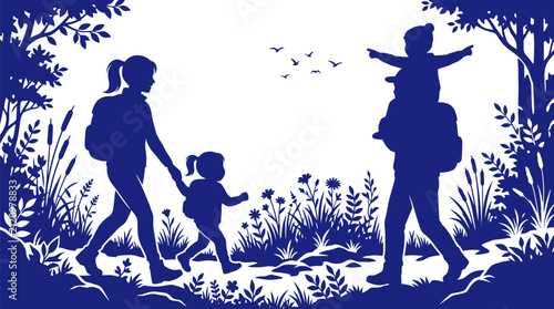 Silhouette of a family hiking through a scenic forest with backpacks