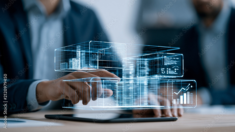 Fototapeta premium Visual of a digital blueprint with economic policy diagrams, government officials analyzing the plans, concept of structured economic development