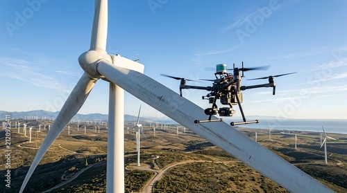 Commercial drone performing aerial inspection of wind turbine blades at a wind farm