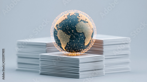 Abstract image of a digital globe surrounded by policy documents, concept of global economic governance