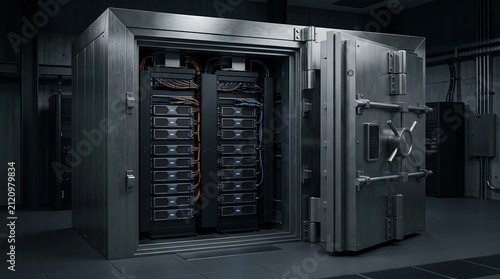 Industrial server rack secured behind a heavy bank vault door in a dark room with security