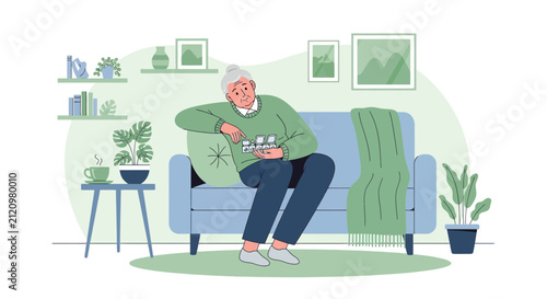 Elderly Woman Relaxing on Sofa with Book and Cup of Tea, Cozy Home Interior